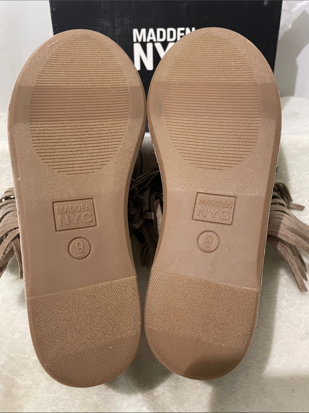 Madden NYC Women's Tan Suede BOHO Fringe Wedge Slides - Picture 10 of 16